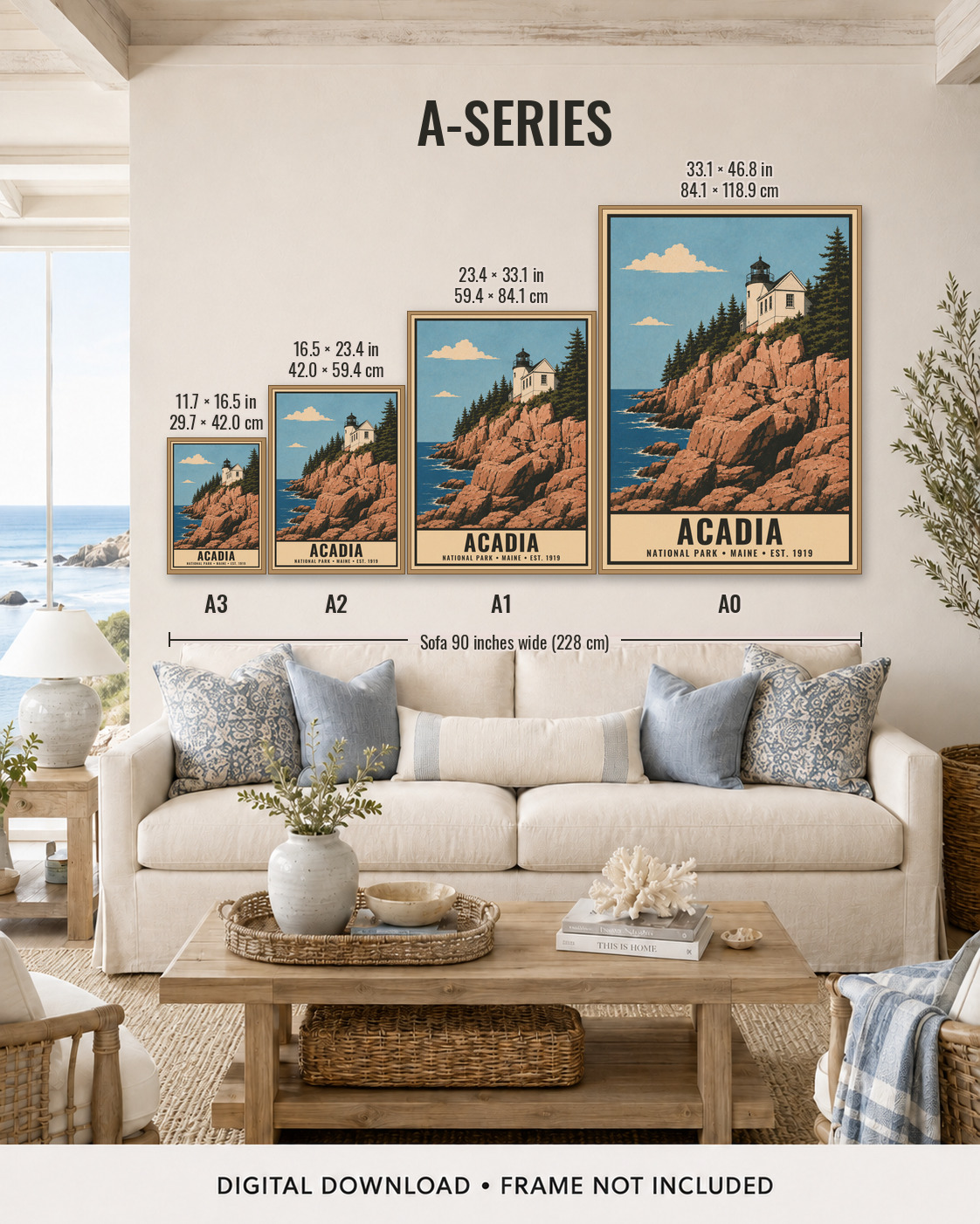 A-series print sizes shown above a sofa — A3 through A0